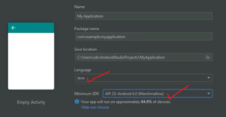 Figure 11: Selecting Java and setting Minimum SDK as API 23 Android 6.0 Marshmallow