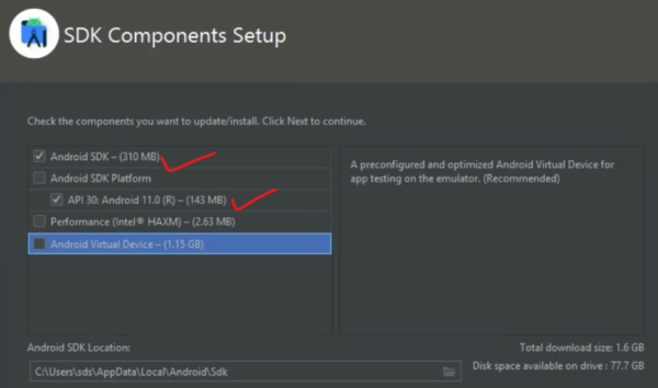 Figure 7: Android Studio SDK Components Setup