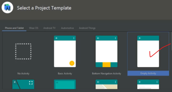 Figure 10: Selecting empty activity in Android Studio