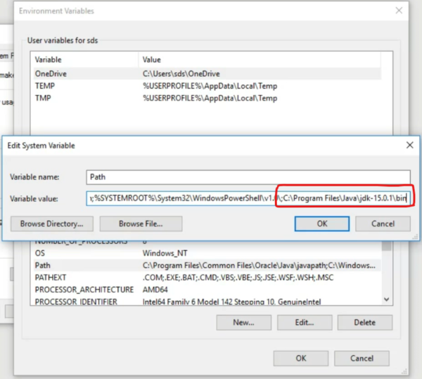 Figure 10: Pasting the JDK installed complete path after ";"