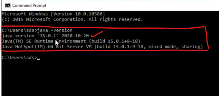 Figure 13: Confirming JDK installation by typing java -version in Command Prompt