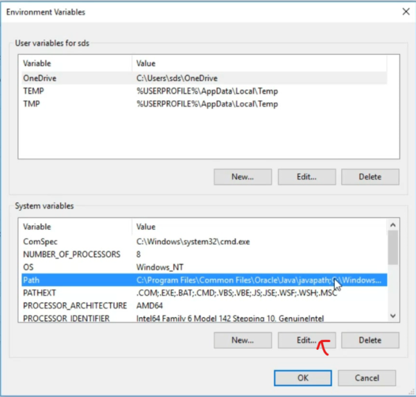 Figure 8: Clicking on Edit to edit the System variables Path