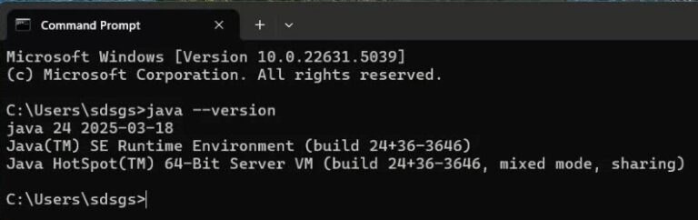 Figure 13: Confirming JDK installation by typing java -version in Command Prompt