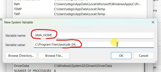 Figure 12: Pasting the JDK installed path and setting Variable name as Java_Home_Environment